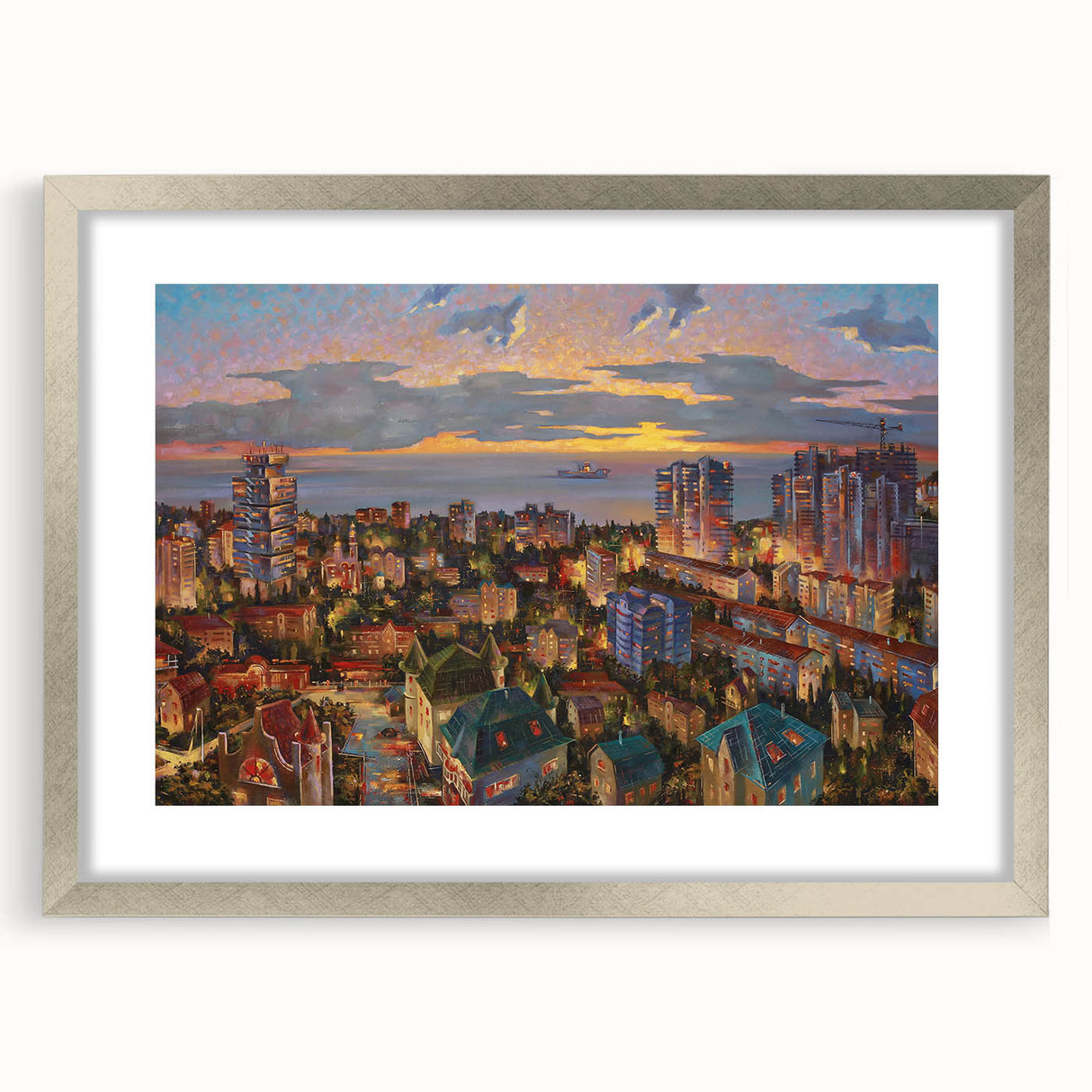 Extra large abstract art print depicting a textured European scenery in muted earth tones, framed with a silver mat.