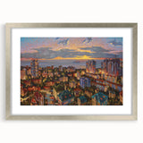 Extra large abstract art print depicting a textured European scenery in muted earth tones, framed with a silver mat.