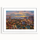 Textured abstract art print of a European scenery in Sochi, with muted earth tones on a white framed mat.