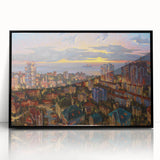 Large abstract wall art depicting a Sochi landscape in muted earth tones on a framed acrylic print.