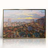 Art deco poster of Sochi landscape in gold frame on acrylic, featuring muted earth tones.