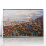 Mid-century modernist art depicting Sochi landscape in muted colors on framed acrylic, ideal for nursery wall art.