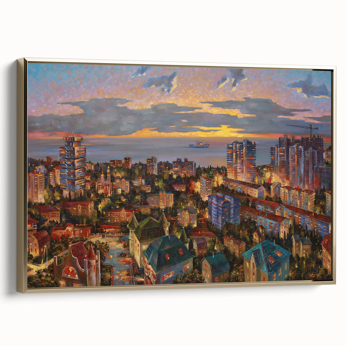 Framed canvas depicting a vintage-style landscape of Sochi with a gold frame, ideal for bedroom wall art.