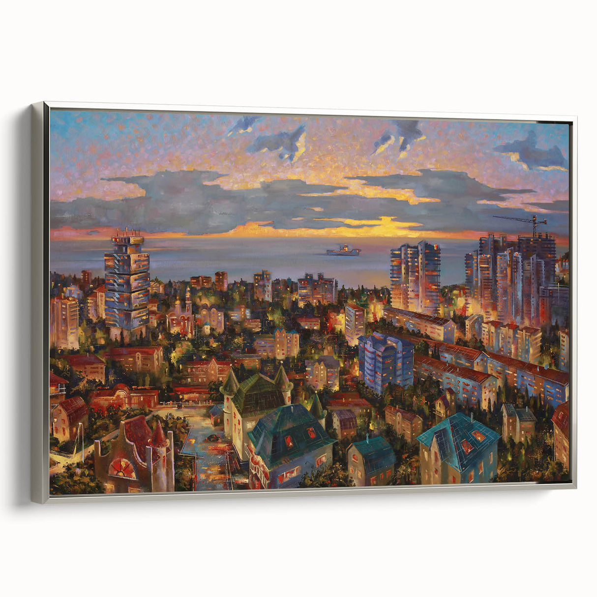 Landscape art painting of Sochi, featuring a colorful vintage poster style on a framed canvas, ideal for living room decor.