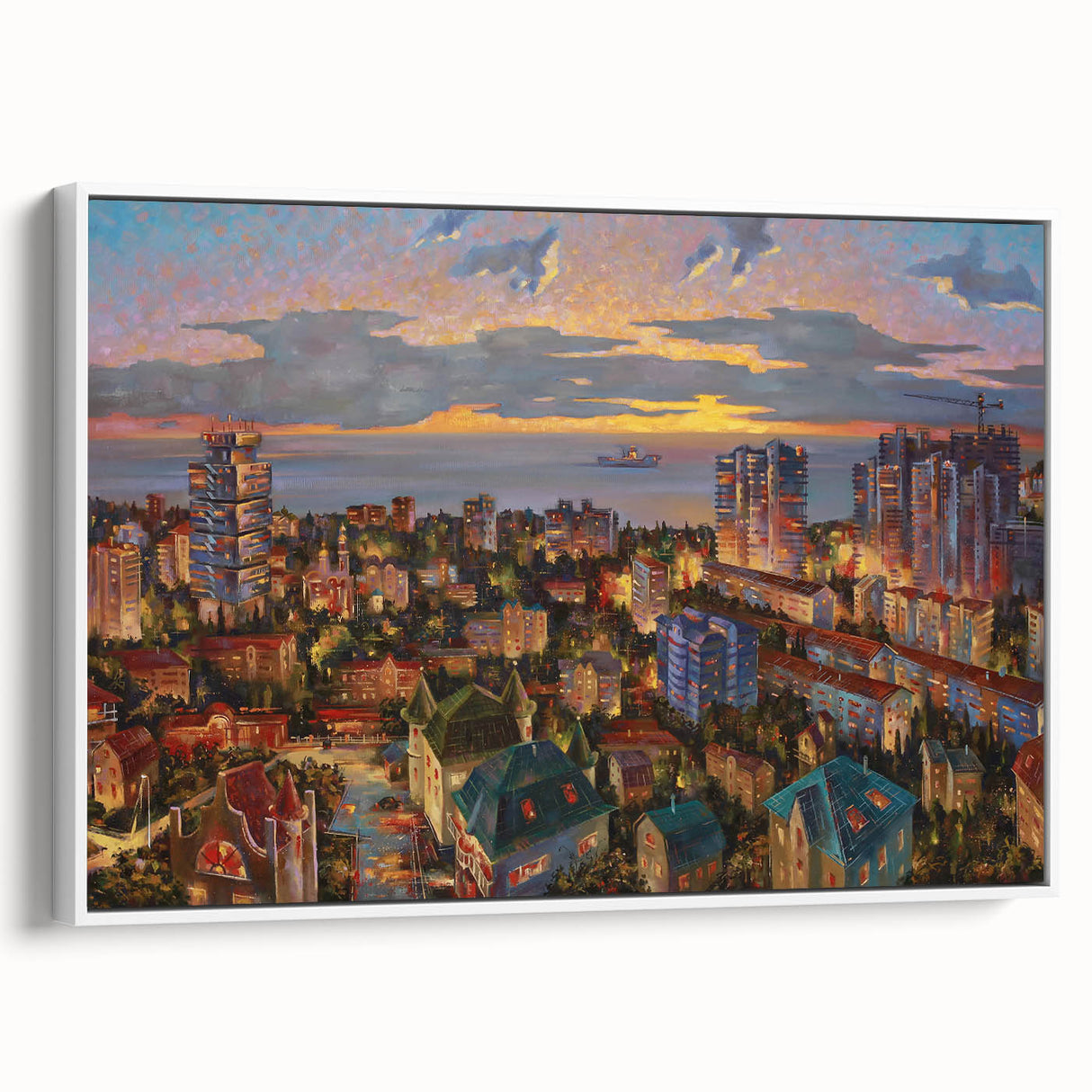 Vintage poster art of Sochi, Russia, featuring colorful, detailed imagery on a large framed canvas.