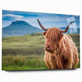 Large abstract wall art of a Scottish landscape in muted greens and blues on acrylic glass.