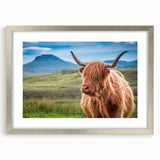 Extra large abstract art print of a textured Scottish landscape in muted earth tones, framed in silver.