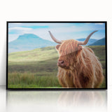 Large abstract wall art depicting a Scottish landscape in muted earth tones, framed in black acrylic.