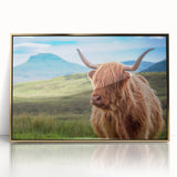 Art deco style poster of a Scottish landscape, framed in acrylic with gold accents, suitable for modern art wall decor.