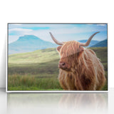 Mid-century modernist art of a Scottish landscape, muted earth tones on framed acrylic, suited for nursery wall art.