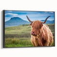 Black and white framed canvas of a Scottish landscape, ideal for bedroom wall art with a vintage poster style.