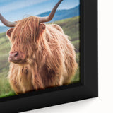 Textured black wall art of a Scottish landscape on framed canvas, featuring vibrant greens and blues.