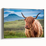 Framed canvas landscape art painting featuring a scenic view of Scotland, with muted green and blue tones.