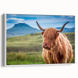 Vintage poster art of a Scottish landscape on framed canvas, featuring vibrant green and blue tones.
