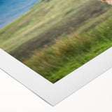 Art deco poster of a Scottish landscape on rolled canvas, featuring muted earth tones, ideal for dining room wall art.