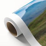 Art Deco style poster of a serene Scottish landscape in muted greens and blues on rolled canvas.