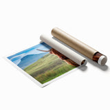 Extra large rolled print of a Scottish landscape with muted green and blue tones, ideal for classy bathroom wall art.