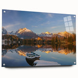 Large abstract wall art of a European scenery on acrylic glass, in cool blue tones.