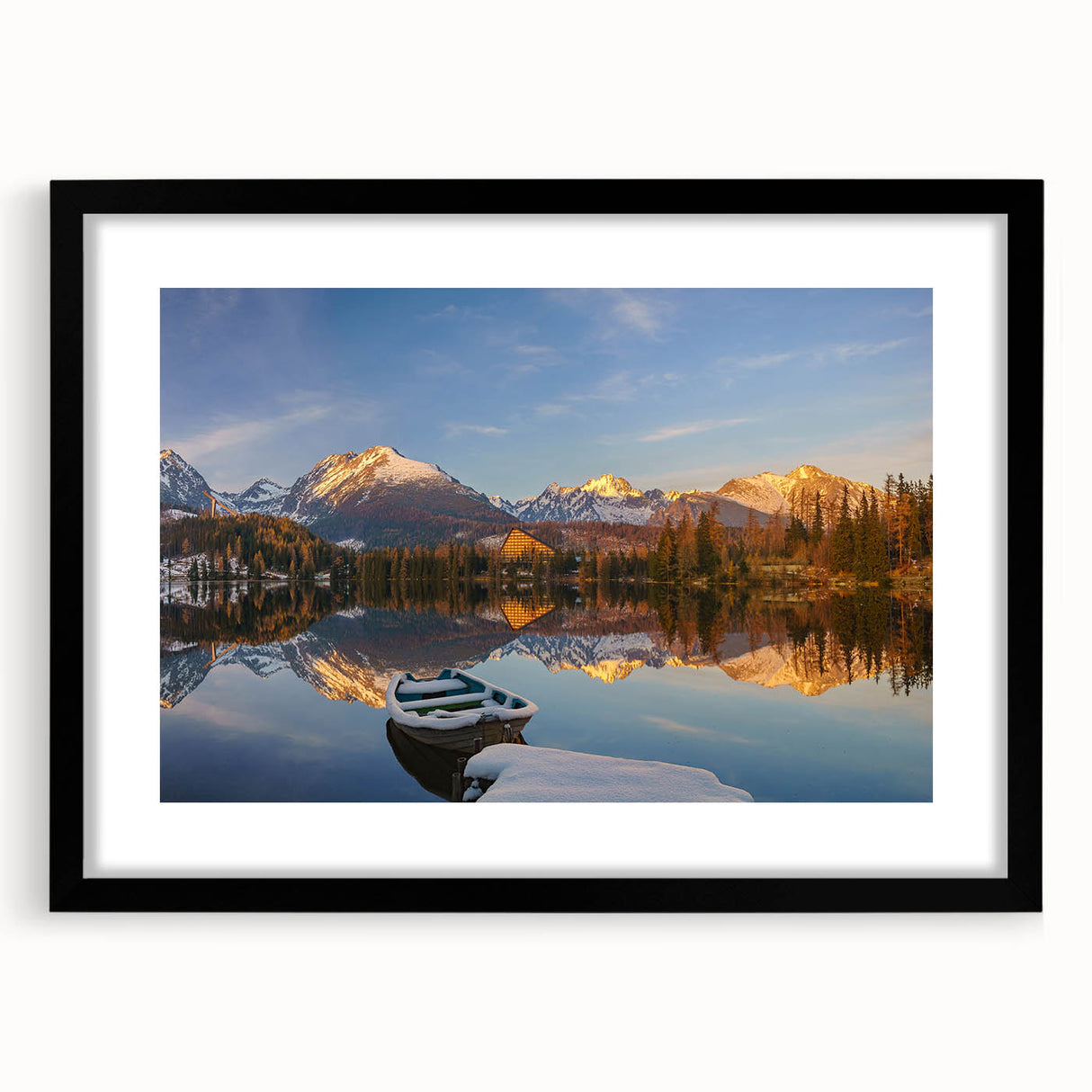 Extra large abstract art print featuring a colorful European scenery, textured appearance on a black framed mat.