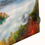 Large abstract wall art of a Slovenian landscape in muted greens and blues on acrylic glass, ideal for dining room ambiance.