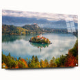 Acrylic print of a Slovenian landscape, featuring lush greenery and mountains, ideal for dining room decor.