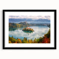 Extra large abstract art print of a colorful Slovenian landscape on textured canvas, framed in black.