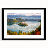 Extra large abstract art print of a colorful Slovenian landscape on textured canvas, framed in black.