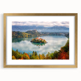 Textured abstract art print depicting a muted European scenery in a gold frame, ideal for bedroom art.