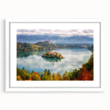 Extra large abstract art print depicting a textured European scenery in muted earth tones, framed with a white mat.