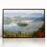 Large abstract wall art depicting a Slovenian landscape in mid-century modernist style, framed in black acrylic.