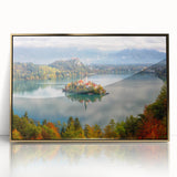 Mid-century modernist art depicting a European Slovenian landscape in gold tones on a framed acrylic.