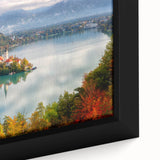 Extra large framed canvas of a textured Slovenian landscape in black with colorful art accents, ideal for living room decor.