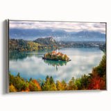 Vintage poster art of a scenic Slovenian landscape on a framed canvas, featuring vibrant color accents.
