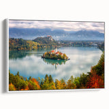 Framed canvas wall art depicting a vintage-style landscape of Slovenian scenery, ideal for bedroom decor.