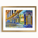 Textured abstract art print depicting a vibrant Andalucian landscape, framed in gold, ideal for bedroom art.