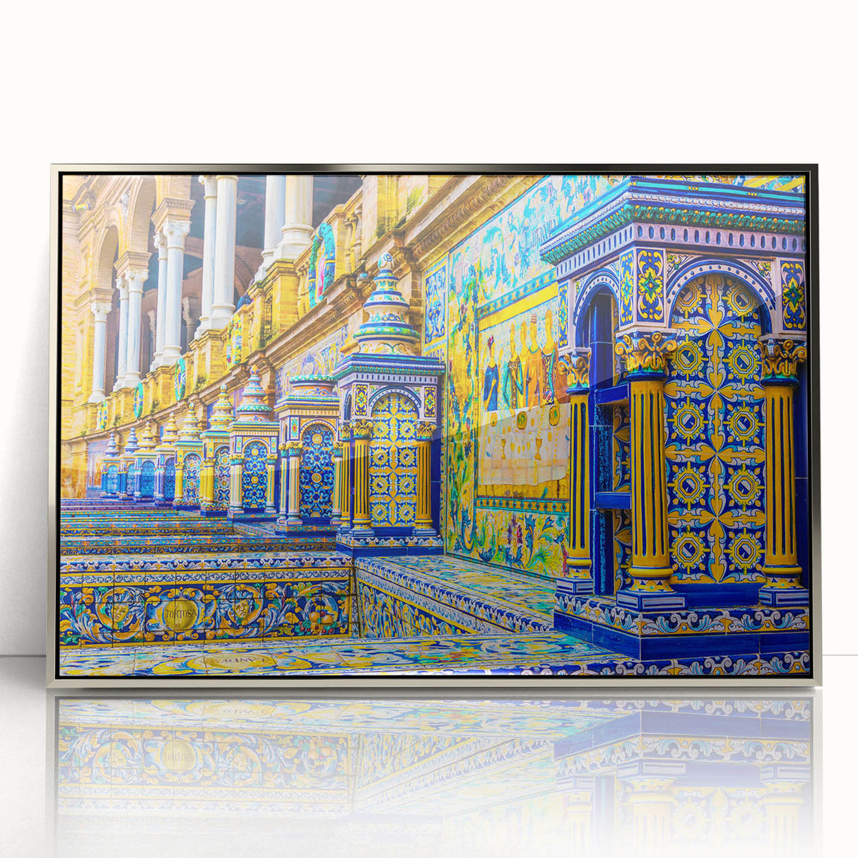 Modern art wall decor featuring a serene Andalucian landscape in muted earth tones, framed in silver acrylic.