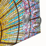 Large abstract depiction of Barcelona skyline in muted earth tones on acrylic glass, ideal for dining room art.