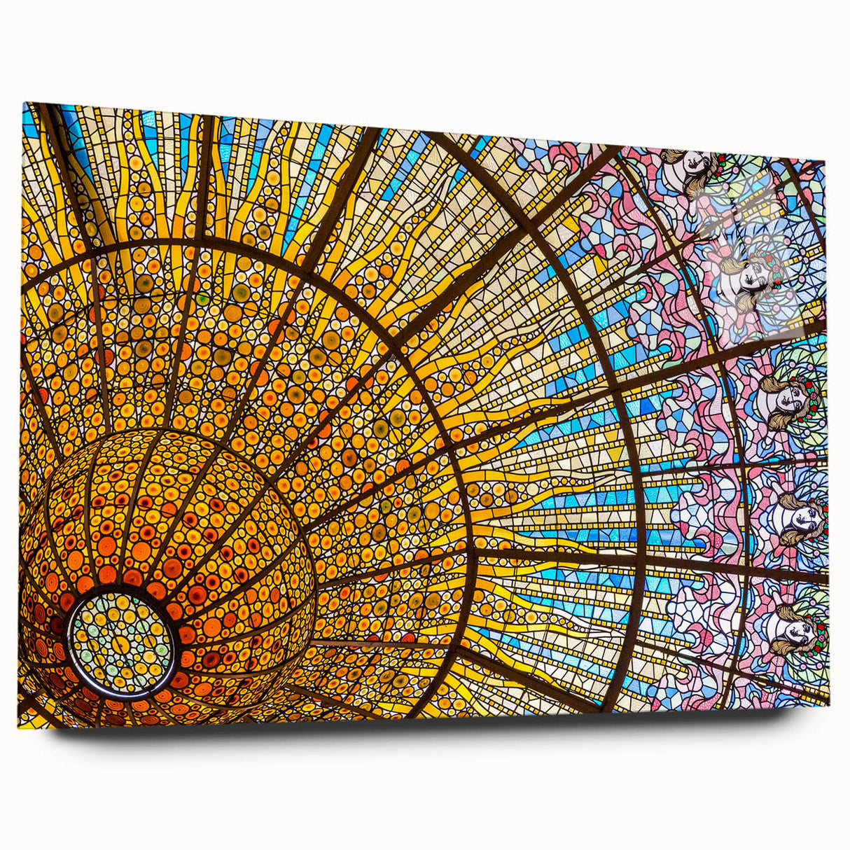 Acrylic print of a large abstract depiction of Barcelona in muted blue and orange tones.