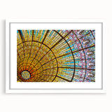 Textured abstract art print of Barcelona skyline in muted earth tones on a framed white mat, ideal for bedroom art.