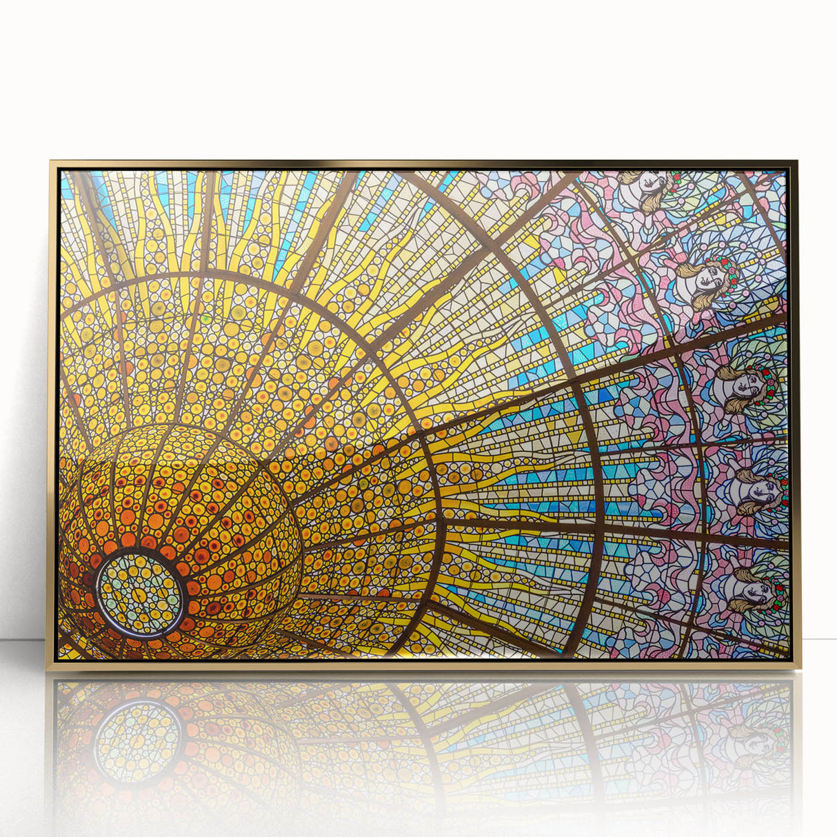 Art deco poster of Barcelona skyline in muted gold tones on framed acrylic, suitable for modern art wall decor.