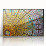 Large acrylic print of Barcelona skyline in muted tones, framed in silver, suitable for modern art wall decor.