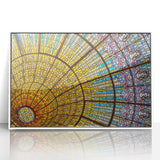 Mid-century modernist art of Barcelona skyline in muted earth tones on a framed acrylic, ideal for nursery wall art.