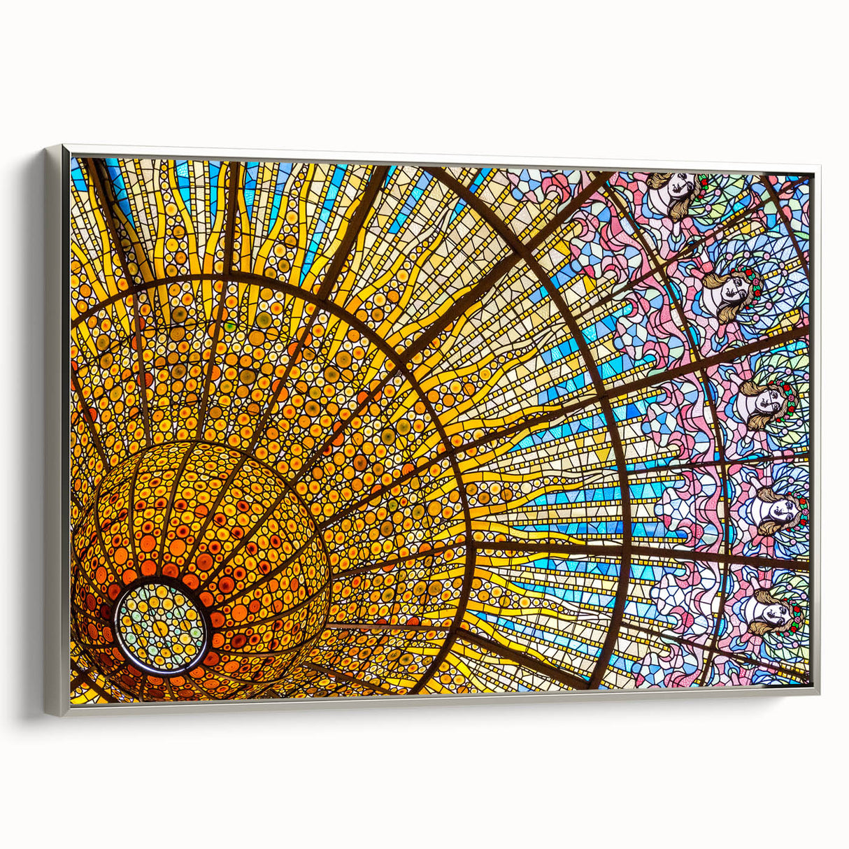 Framed canvas of a vintage Barcelona landscape in colorful art style, ideal for living room decor.