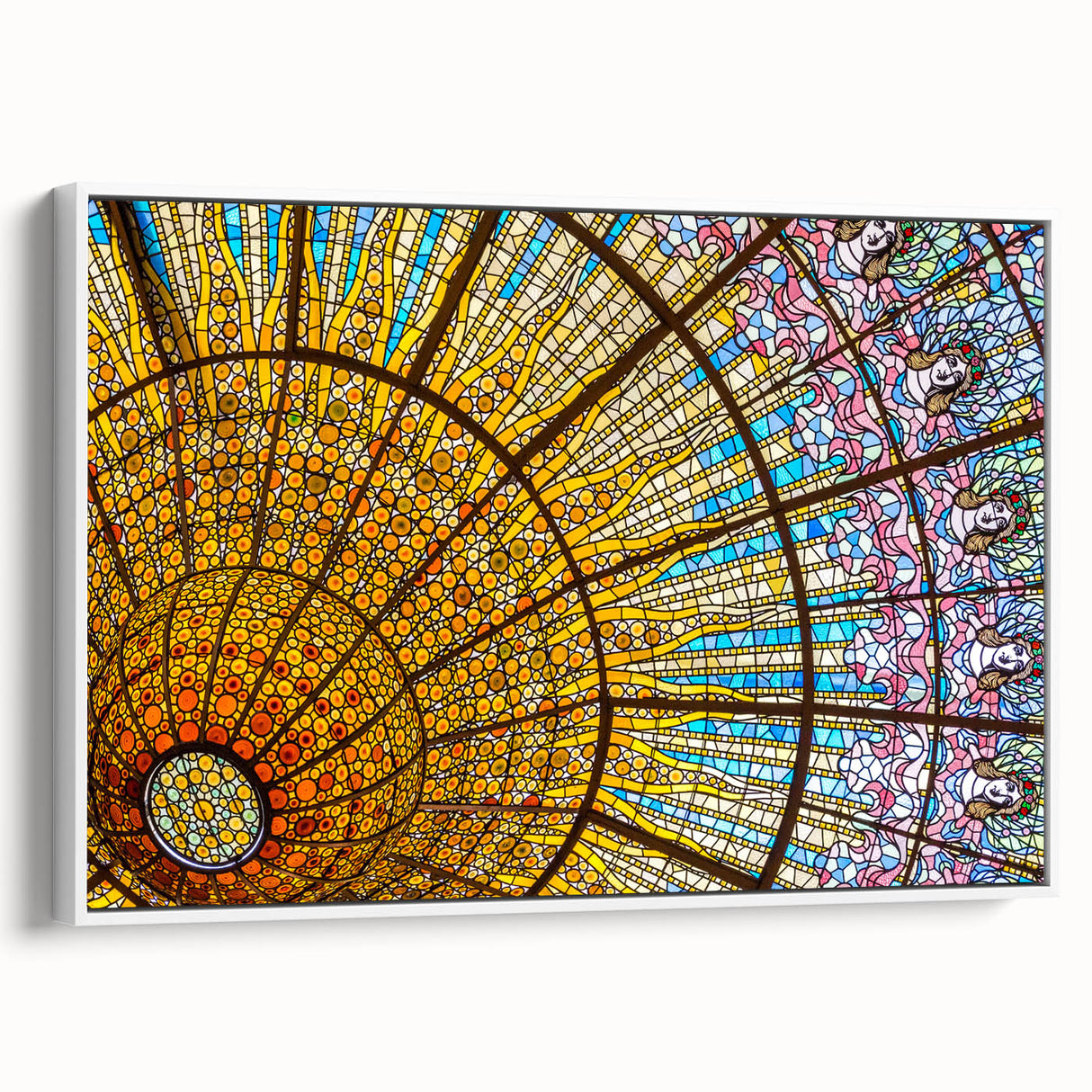 Vintage poster art of Barcelona with colorful details on a large white-framed canvas, ideal for living room decor.