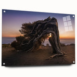 Large abstract wall art of a European scenery on acrylic glass, with muted earth tones, ideal for dining room decor.