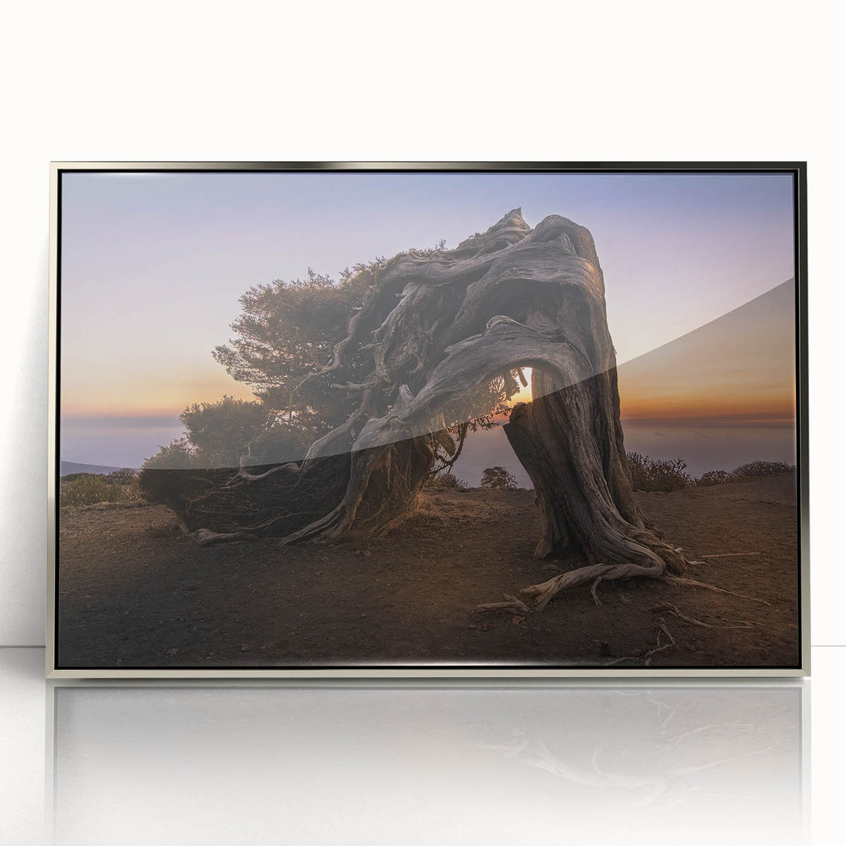 Large art print of a mid-century modernist Canary Islands scenery in silver-framed acrylic.
