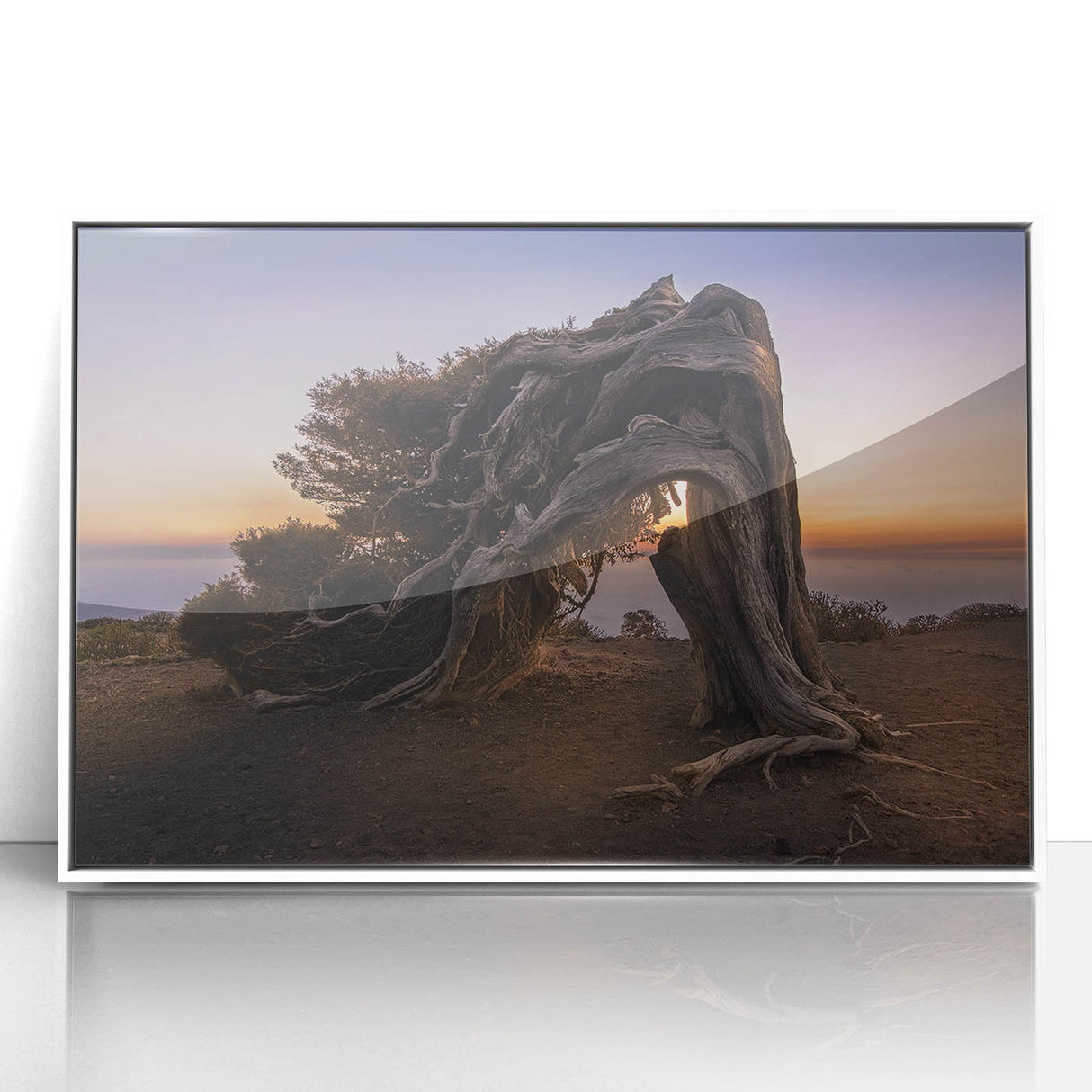 Mid-century modernist art depicting a serene Canary Islands landscape in muted earth tones, framed acrylic.
