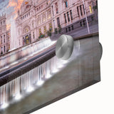 Large abstract wall art print of Madrid's cityscape in muted earth tones on acrylic glass, suitable for dining room decor.