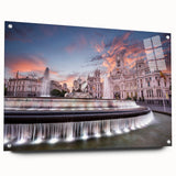 Acrylic print of a large abstract depiction of Madrid's skyline in muted earth tones, ideal for dining room decor.