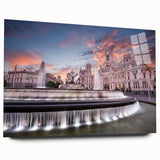 Large abstract depiction of Madrid skyline in muted earth tones on acrylic glass, suitable for bedroom or dining room art.